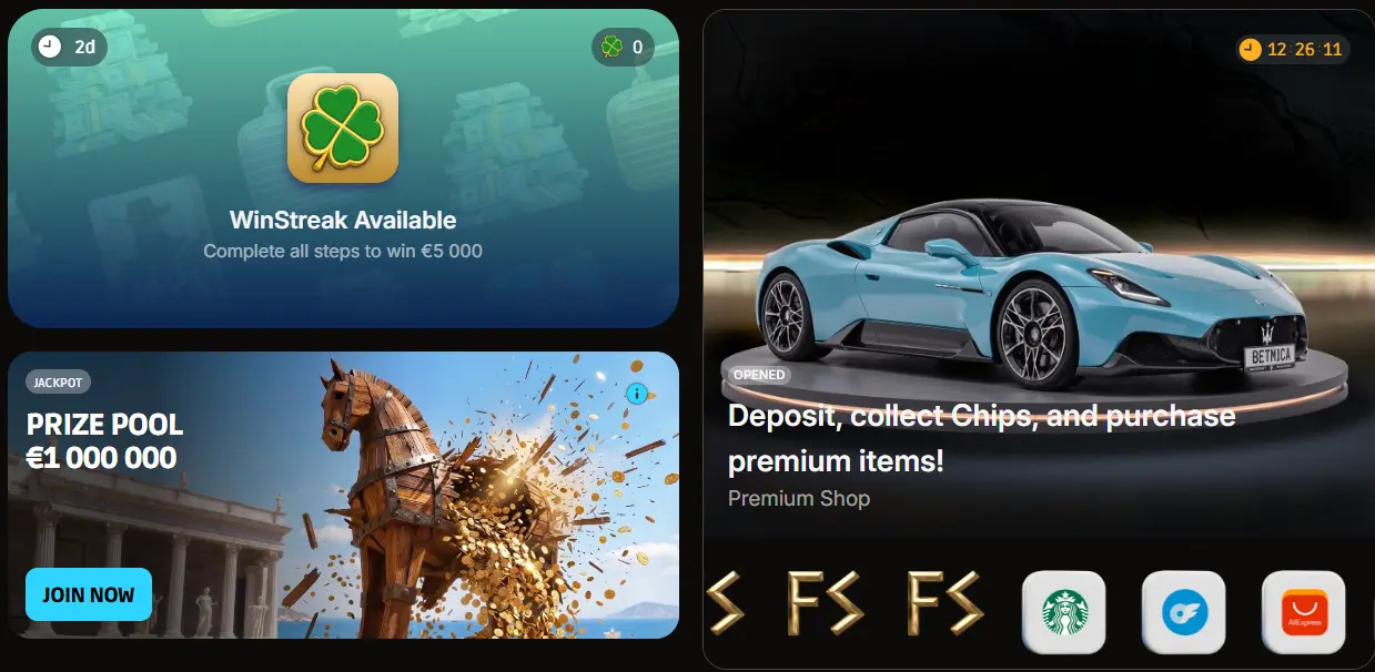 Betmica Casino promotions — welcome package up to £5,700 + 270 free spins, tournaments and a VIP programme